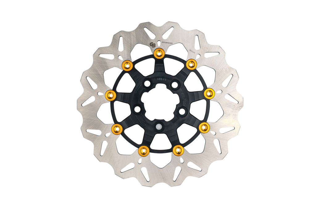 GBRAKES 11.5-inch floating wave rotor with black and gold buttons, designed for high-performance braking systems.