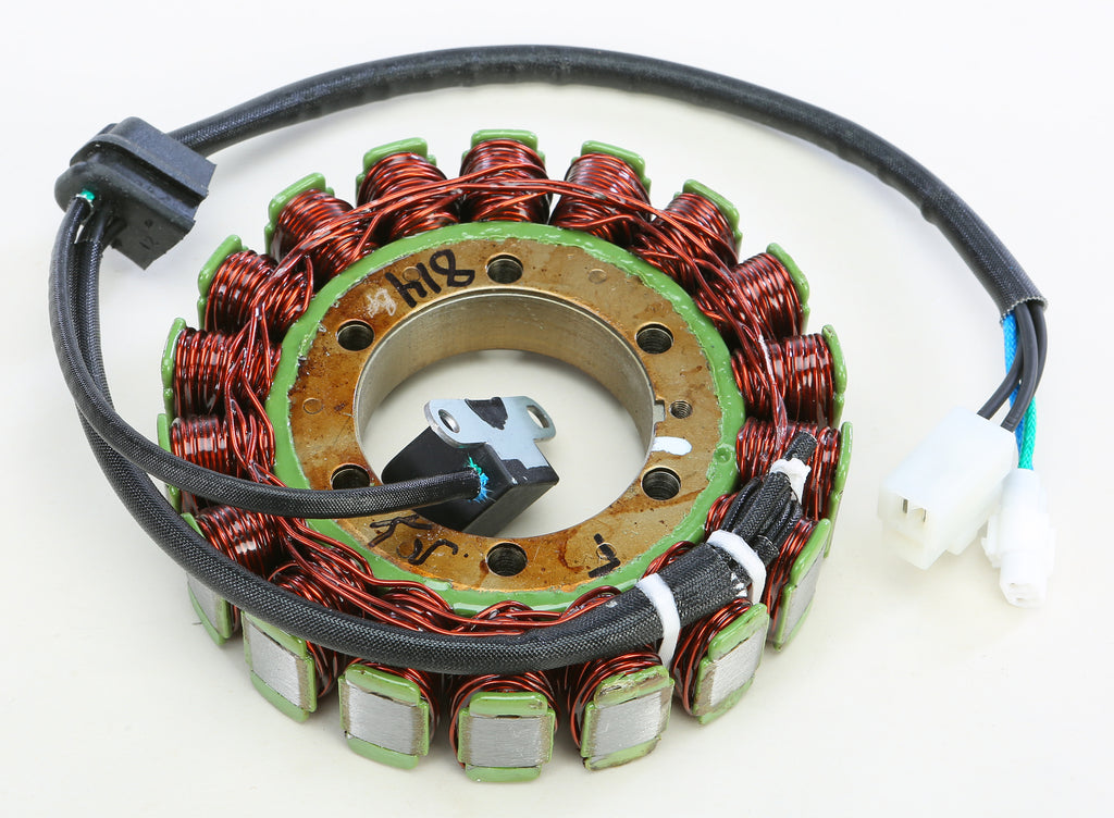 Ricks Motorsport Electric Stator 27-21814 for motorcycle electrical systems, showing the black coil and wiring connectors.