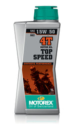 Motorex Top Speed Oil 15w50 4T 1L bottle, ideal for motorcycle engines, with a label showing product details and branding.