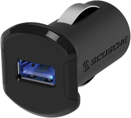 Scosche illuminated USB power port with 12W/2.4A output, showing the sleek electrical device with illuminated indicator light.