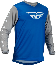 Fly Racing F-16 blue and grey motocross jersey with long sleeves and bold design, size 5X.