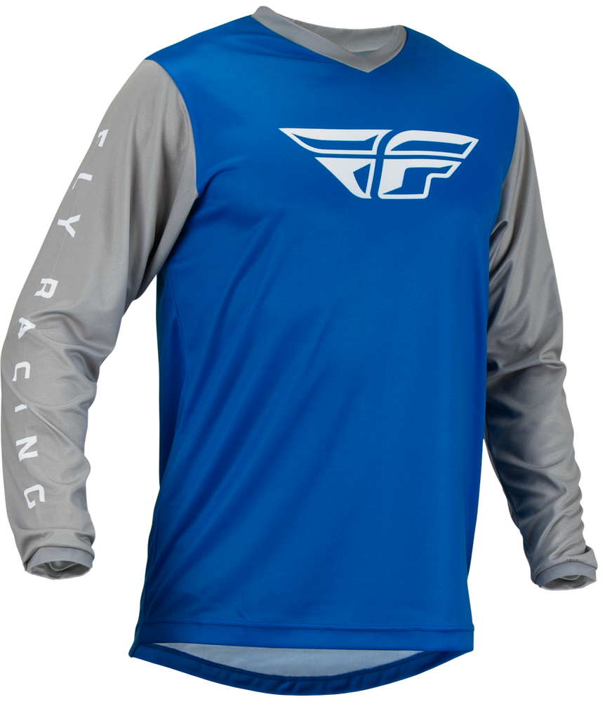 Fly Racing F-16 Jersey in blue and grey featuring lightweight fabric and logo details, designed for motocross riding.