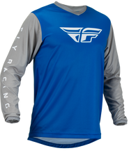 Load image into Gallery viewer, Fly Racing F-16 Jersey in blue and grey featuring lightweight fabric and logo details, designed for motocross riding.