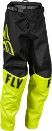 Fly Racing Youth F-16 Pants in black and hi-vis, size 26, featuring durable fabric and protective design for motocross riding.