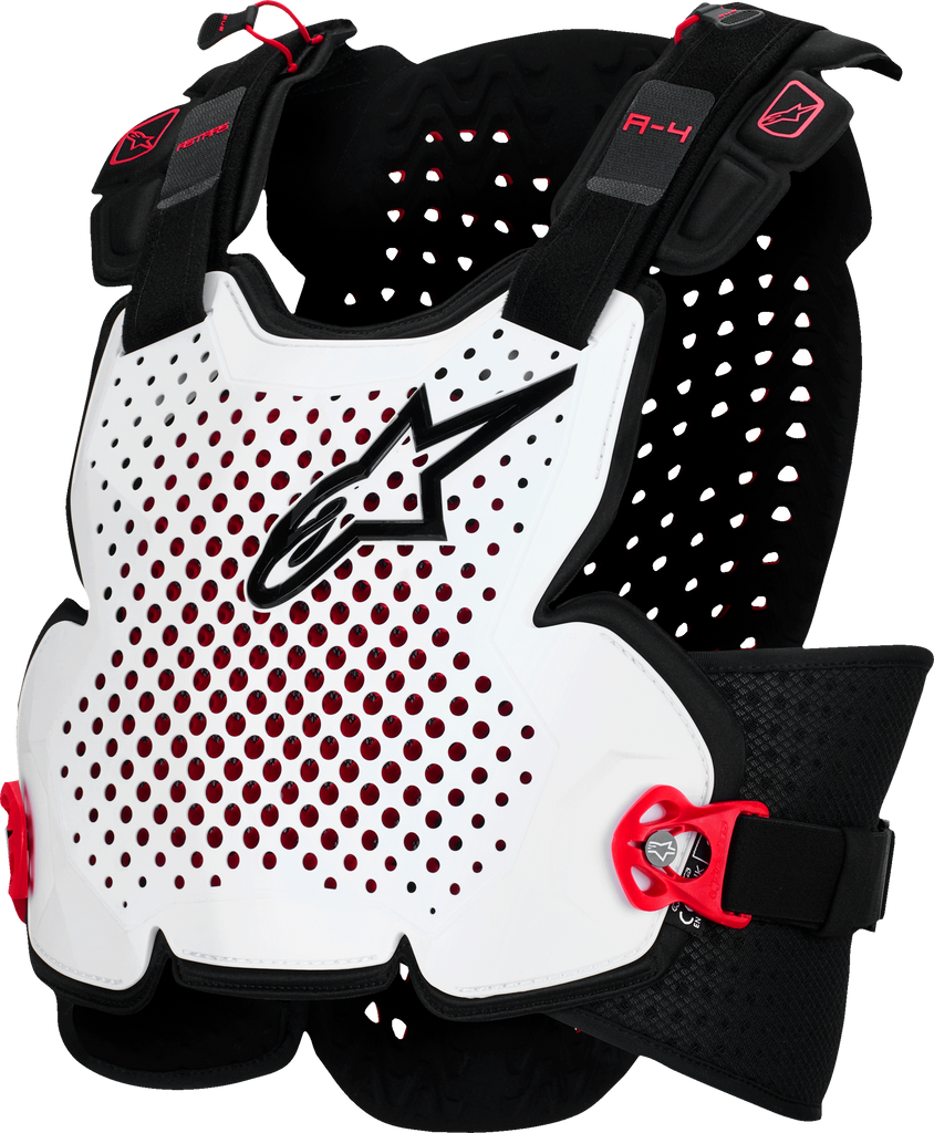 Alpine Star A-4 Plasma Chest Protector in black, red, and white, XL size, showing the protective armor with branding details.