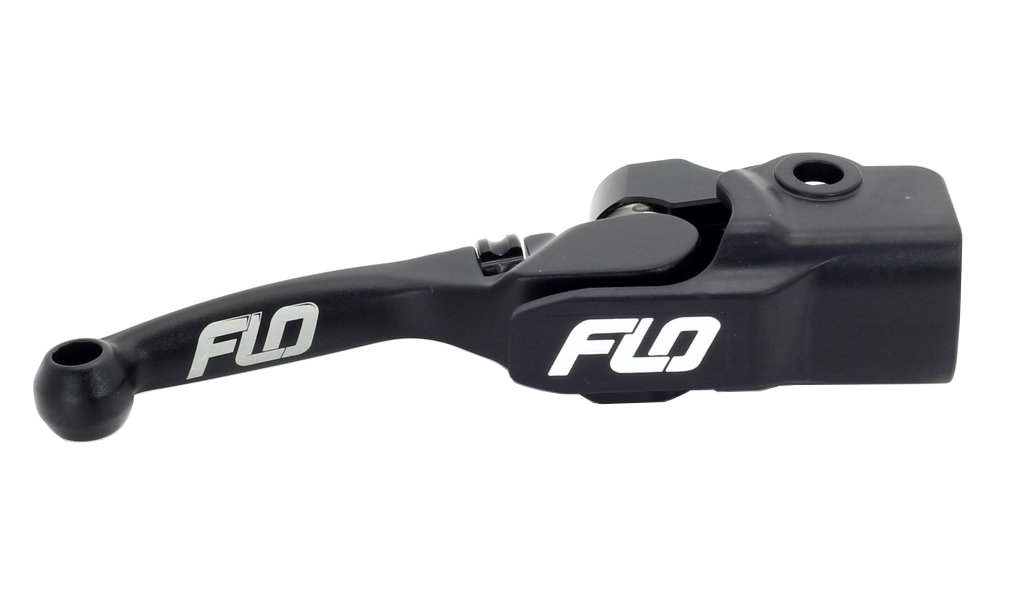 Flo Motorsports Pro 160 Braketech brake lever in black, shown on a motorcycle handlebar for high-performance braking control.