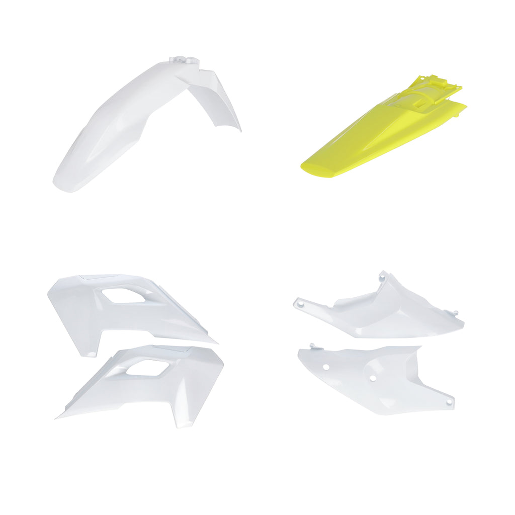 Acerbis plastic body kit for Hus motorcycle, featuring black and white panels with mounting points and Acerbis branding details.