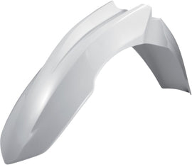 Acerbis white front fender for motorcycle, showing smooth curved plastic design and mounting points for installation