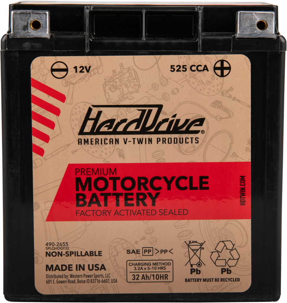 HardDrive Premium Battery GYZ32HL with 490-2655 CCA, showing its compact design and terminal connections for automotive use.