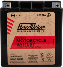 HardDrive Premium Battery GYZ32HL with 490-2655 CCA, showing its compact design and terminal connections for automotive use.