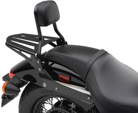 Black Cobra Sissy Bar Luggage Rack for motorcycles, featuring a sturdy formed design for secure luggage attachment.