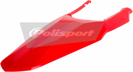 Red Polisport Plastics rear fender for Gas Gas motorcycles, shown on a bike, with a sleek design and mounting points visible.