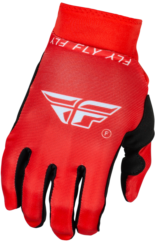 Fly Racing Pro Lite Gloves in red and white, size medium, featuring padded palms and breathable fabric for motocross riding.