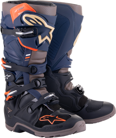 Alpine Star Tech 7 Enduro Drystar motorcycle boots in black, navy, and grey, size 13, showing durable protective design