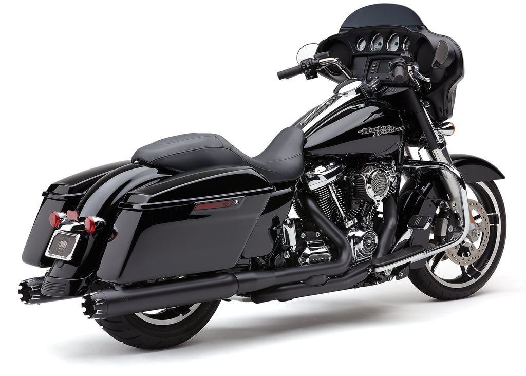 Cobra 4-inch dual cut tip slip-on exhaust in black for Harley FLH/Flt 2017-2025, shown on motorcycle.