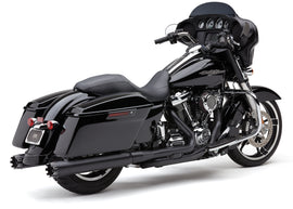Cobra 4-inch dual cut tip slip-on exhaust in black for Harley FLH/Flt 2017-2025, shown on motorcycle.