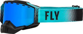 Fly Racing Zone snow goggles with black and aqua frame, sky blue mirror and smoke lens, designed for winter sports eyewear.