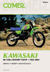 Clymer repair manual for Kawasaki 80-350cc motorcycles, featuring detailed illustrations and step-by-step maintenance instructions.