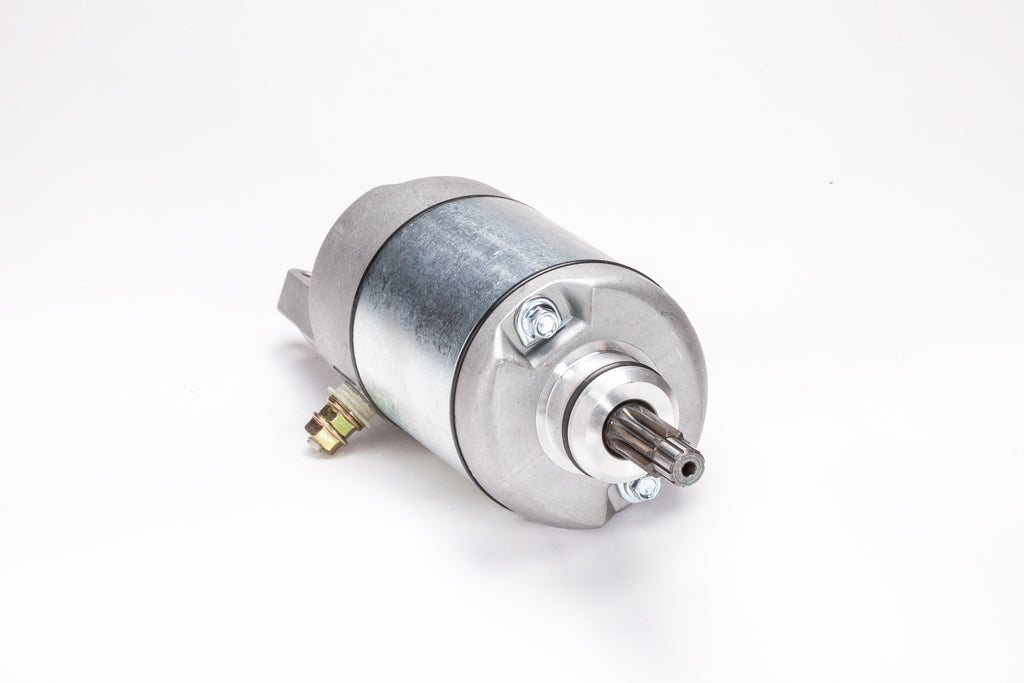 Ricks Motorsport Electric starter motor for motorcycles, compact black starter with electrical components and mounting points.
