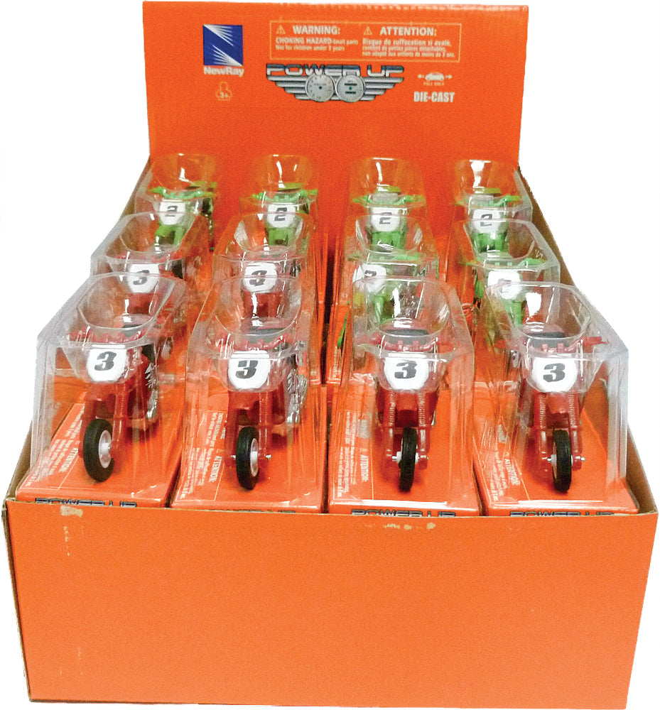 Set of four New Ray Toys 1:32 scale mini bike replicas, featuring detailed miniature bikes in assorted colors.