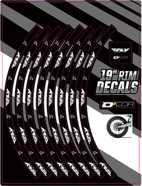 DCOR 19-inch Fly Logo rear rim decal graphics for motorcycle wheels, featuring bold black and white design.
