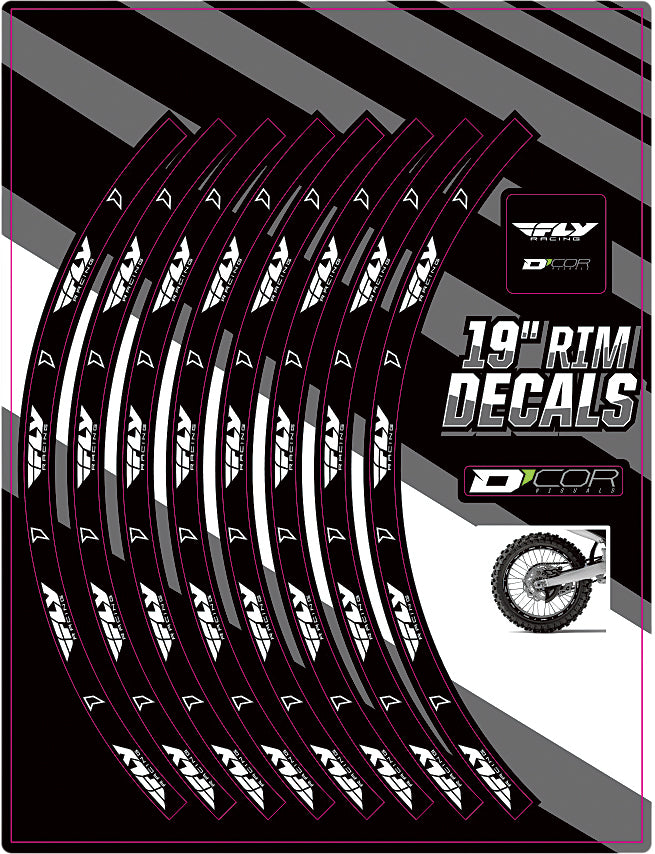 DCOR 19-inch Fly Logo rear rim decal, graphic decal for motorcycle wheels, featuring bold black and white design.