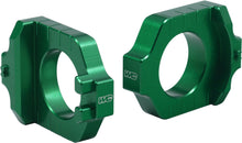Load image into Gallery viewer, WORKS Axle Blocks Elite Kaw/Suz Green drive axle blocks for motorcycle wheel alignment, durable and precision-engineered.