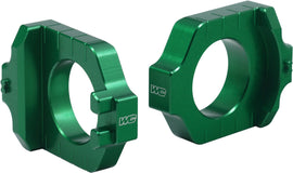 WORKS Axle Blocks Elite Kaw/Suz Green drive axle blocks for motorcycle wheel alignment, durable and precision-engineered.