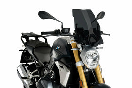 PUIG dark smoke touring windscreen for BMW Naked New Gen motorcycle, aerodynamic design and clear visibility.