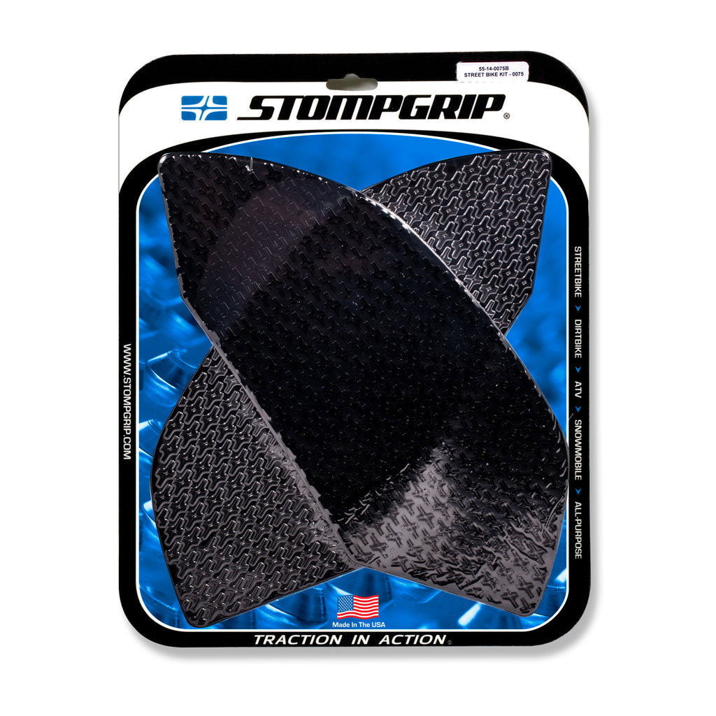 Stompgrip Tank Pad Kit Icon Black for motorcycle body protection, shown on black tank with textured surface and branding accents.