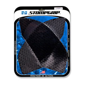 Stompgrip Tank Pad Kit Icon Black for motorcycle body protection, shown on black tank with textured surface and branding accents.