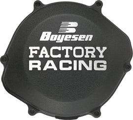 Boyesen Factory Racing Clutch Cover in black for motorcycles, featuring durable metal construction and precise fit.