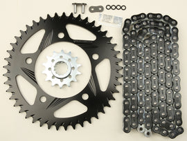 VORTEX sprocket and chain kit with black aluminum and steel components, includes 14/45T sprockets and 520-108L chain for bike drivetrain