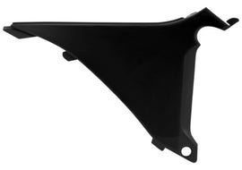 Acerbis black airbox cover for motorcycle, showing close-up of the sleek, matte black plastic component with product details visible