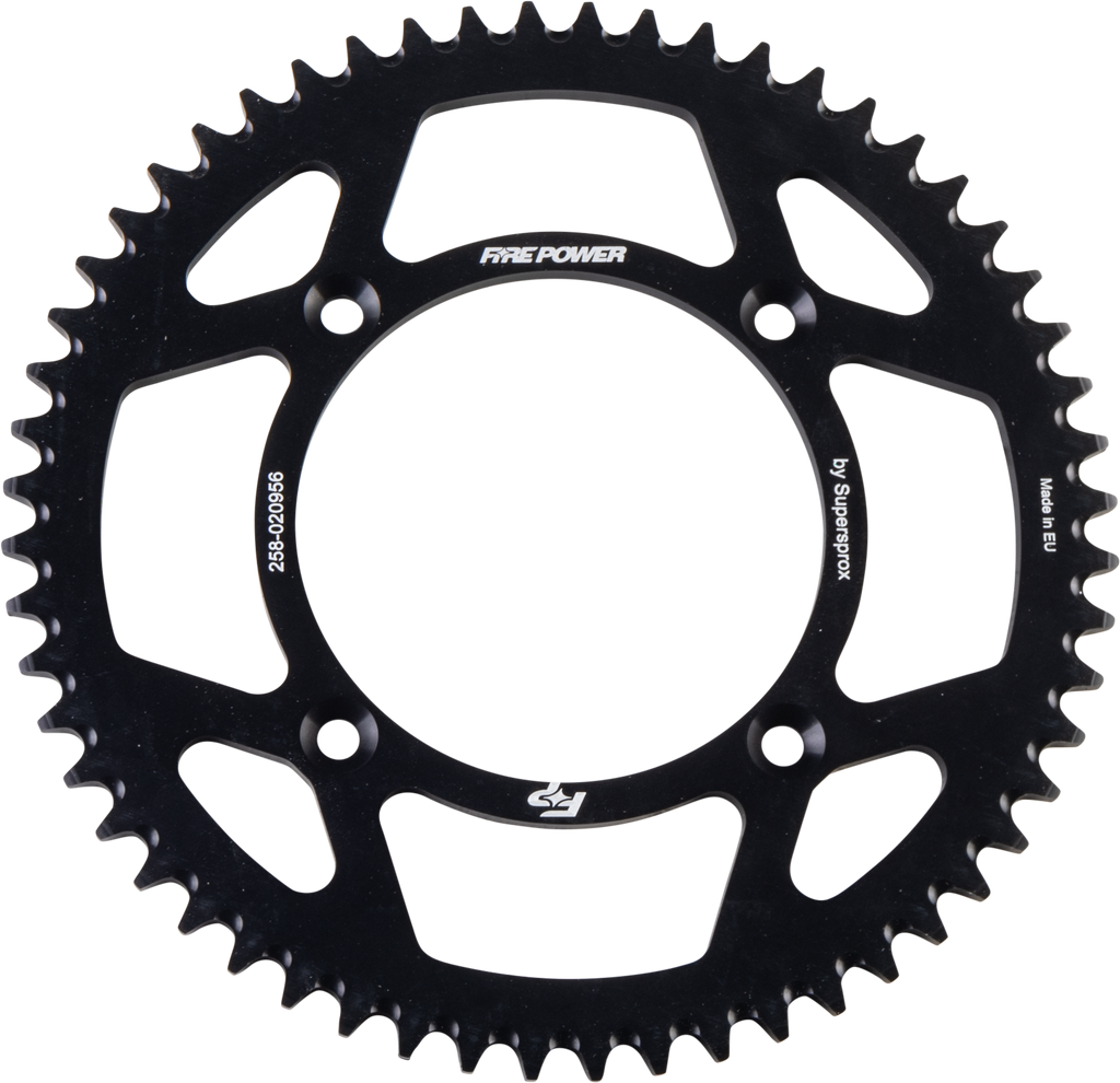 Fire Power aluminum 56-tooth rear sprocket in black, showcasing the lightweight design and gear teeth for motorcycle or bike use.