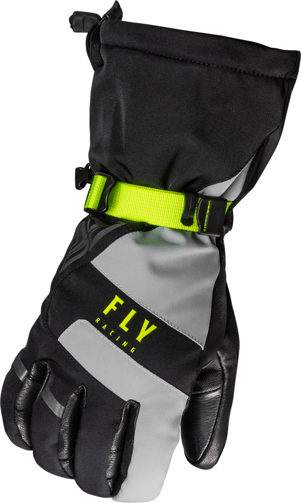 Fly Racing Highland gloves in black, grey, and hi-vis colors, showing the padded finger and breathable fabric design.