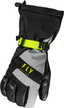 Load image into Gallery viewer, Fly Racing Highland gloves in black, grey, and hi-vis colors, showing the padded finger and breathable fabric design.