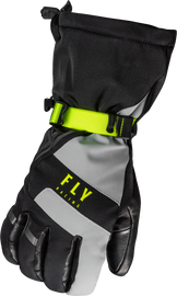 Fly Racing Highland gloves in black, grey, and hi-vis with XL size, featuring padded palms and breathable fabric.