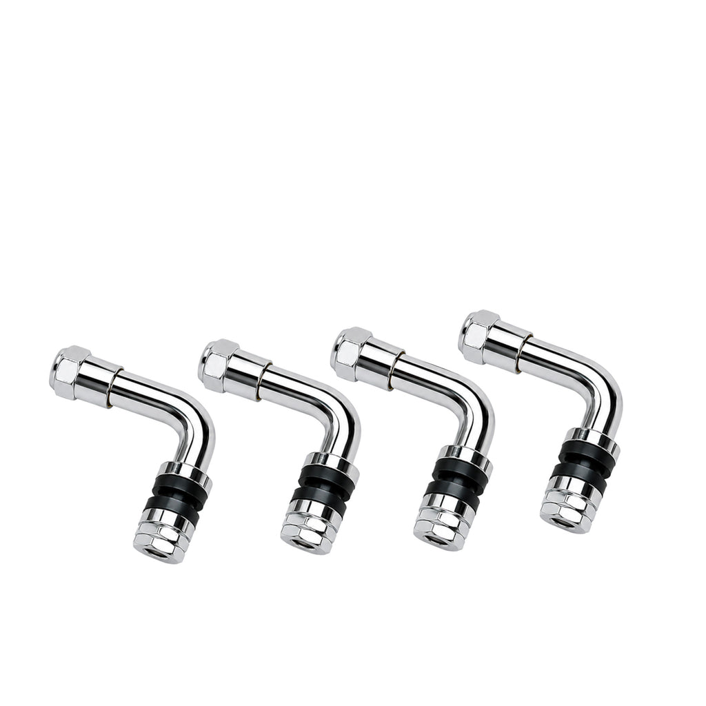 Fire Power 90-degree tire valve stems, 0.327-inch, in a 4-pack, for wheel accessories, visible with black rubber and metal components.
