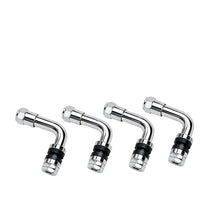 Load image into Gallery viewer, Fire Power 90-degree tire valve stems, 0.327-inch, in a 4-pack, for wheel accessories, visible with black rubber and metal components.