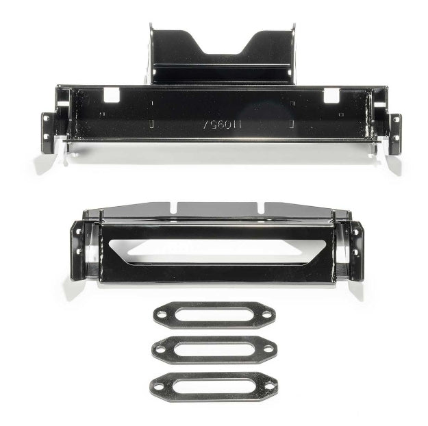 Warn front plow mounting kit with brackets, designed for secure attachment to compatible vehicles.