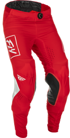 Fly Racing Lite Pants in red and white, size 32, shown with adjustable waistband and reinforced knee panels.