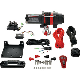 All Balls 6000lb synthetic rope winch with black metal frame and synthetic rope, designed for vehicle recovery and off-road use