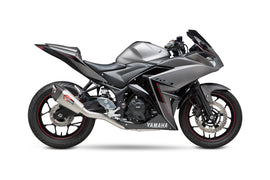 Yoshimura At2 Race exhaust for Yamaha models, featuring stainless steel and carbon fiber tips, designed for high-performance racing.