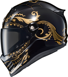 SCORPION EXO Covert Fx full face helmet in El Malo Gold and gloss black with sleek design and aerodynamic vents.