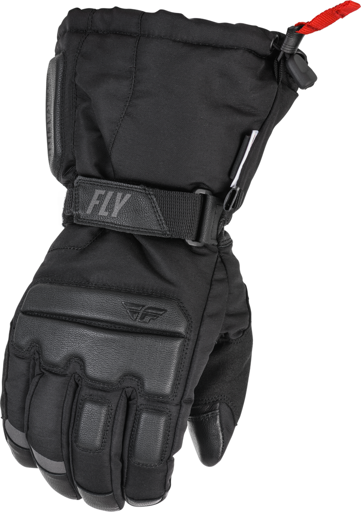 Fly Racing Aurora Black gloves with padded palms and adjustable wrist straps for motocross and off-road riding.