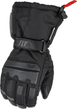 Load image into Gallery viewer, Fly Racing Aurora Black gloves with padded palms and adjustable wrist straps for motocross and off-road riding.