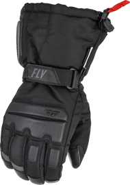 Fly Racing Aurora Black gloves with padded palms and adjustable wrist straps for motocross and off-road riding.