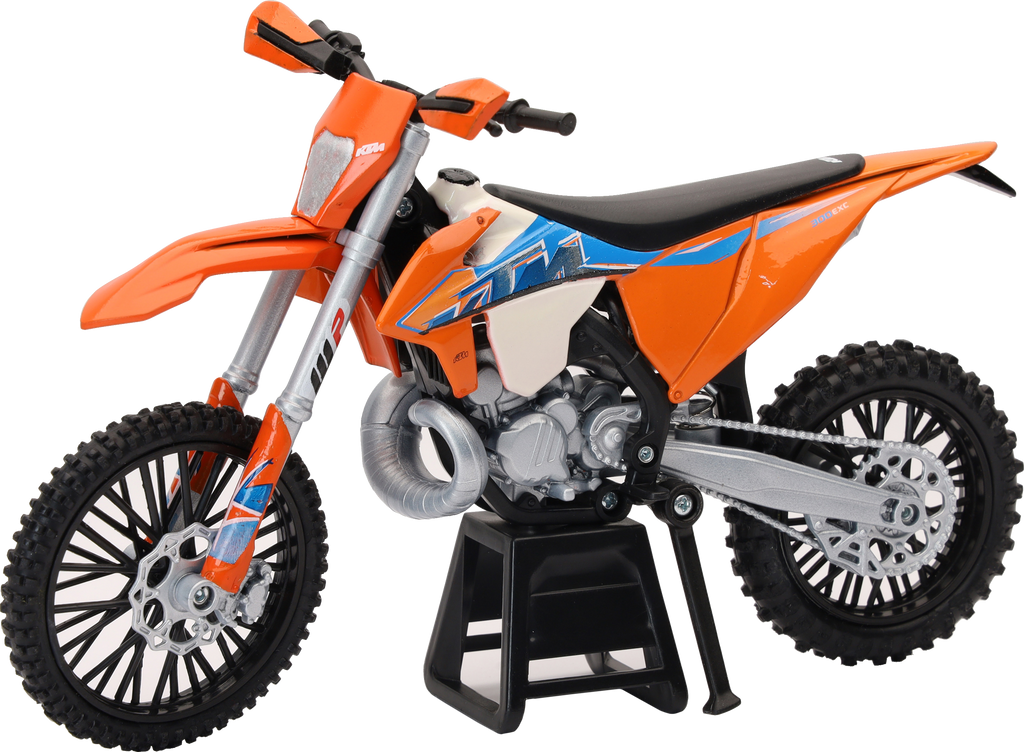 Detailed model of New Ray Toys KTM 300 EXC TPI enduro bike in 1:12 scale, showcasing realistic design and color details.