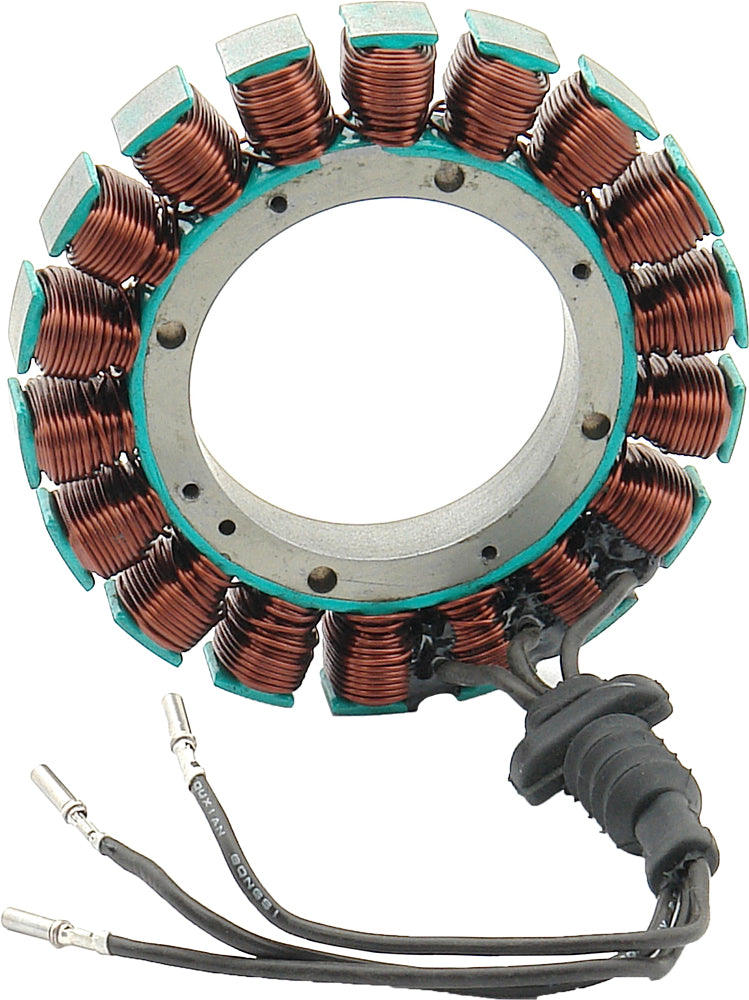 ACCEL 38 Amp stator for FXST and FXD motorcycle electrical systems, shown with detailed coil and wiring components.